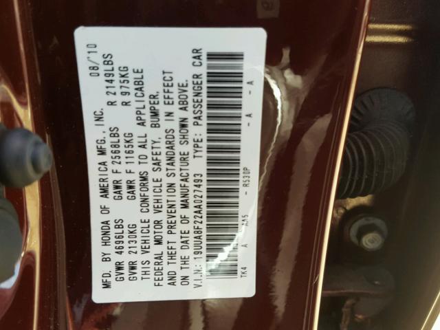 19UUA8F22AA027493 - 2010 ACURA TL MAROON photo 10