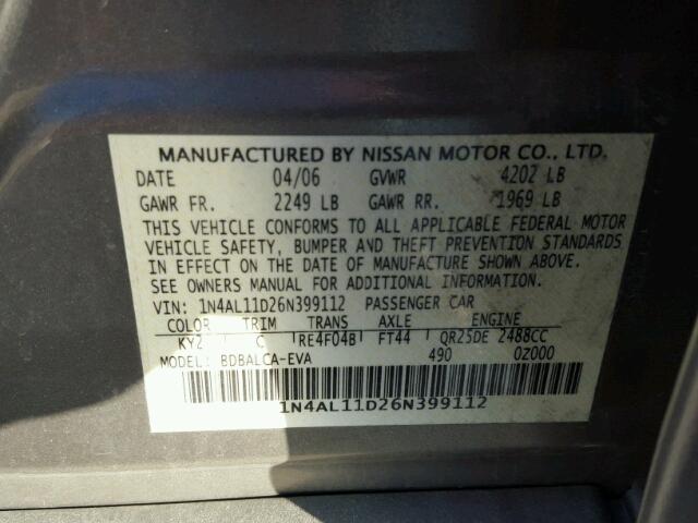 1N4AL11D26N399112 - 2006 NISSAN ALTIMA S TAN photo 10