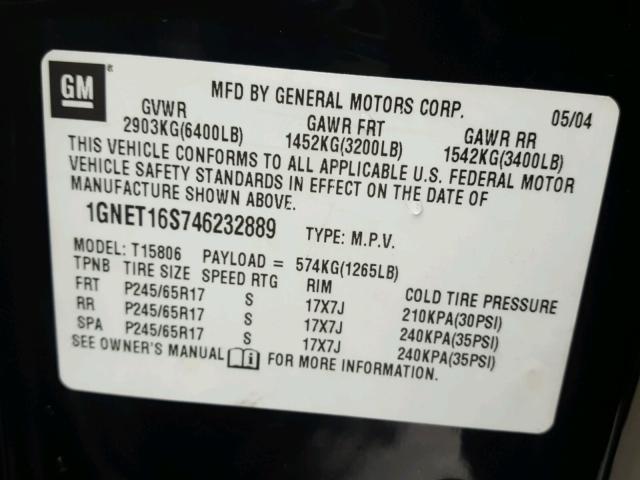 1GNET16S746232889 - 2004 CHEVROLET TRAILBLAZE BLACK photo 10