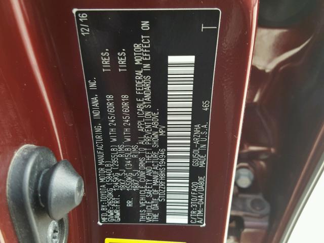 5TDZZRFH8HS194946 - 2017 TOYOTA HIGHLANDER RED photo 10