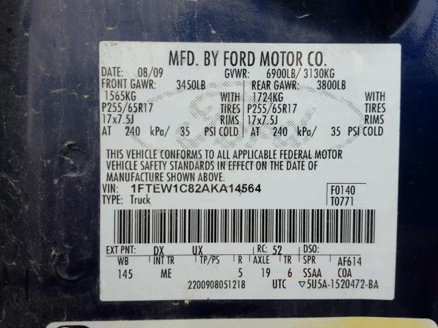 1FTEW1C82AKA14564 - 2010 FORD F150 SUPER BLUE photo 10