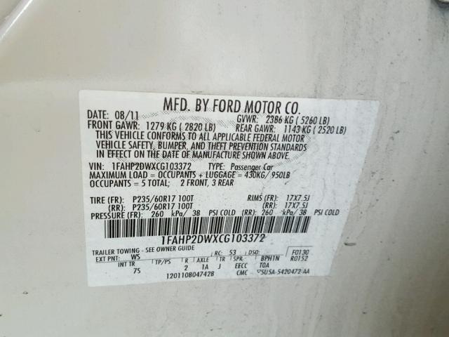 1FAHP2DWXCG103372 - 2012 FORD TAURUS SE WHITE photo 10