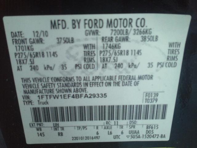 1FTFW1EF4BFA29335 - 2011 FORD F150 SUPER BLACK photo 10