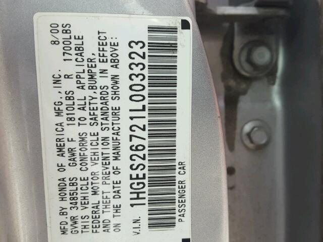 1HGES26721L003323 - 2001 HONDA CIVIC EX ვერცხლისფერი ფოტო 10