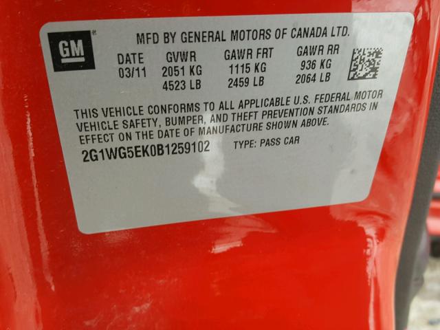 2G1WG5EK0B1259102 - 2011 CHEVROLET IMPALA LT RED photo 10