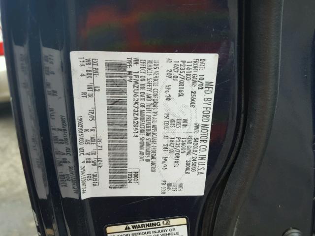 1FMZU62K73ZA28614 - 2003 FORD EXPLORER X BLUE photo 10