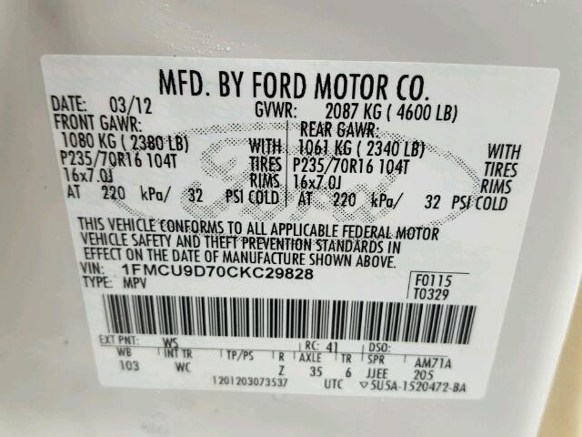 1FMCU9D70CKC29828 - 2012 FORD ESCAPE XLT WHITE photo 10