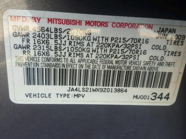 JA4LS21WX9Z013864 - 2009 MITSUBISHI OUTLANDER GRAY photo 10