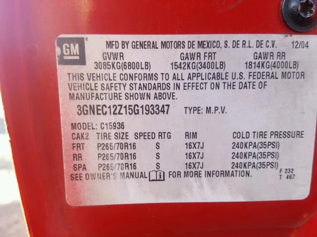 3GNEC12Z15G193347 - 2005 CHEVROLET AVALANCHE RED photo 10