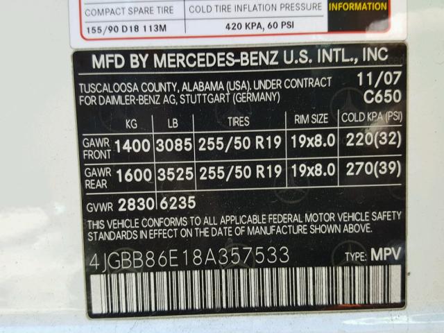 4JGBB86E18A357533 - 2008 MERCEDES-BENZ ML 350 WHITE photo 10