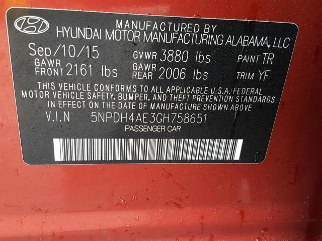 5NPDH4AE3GH758651 - 2016 HYUNDAI ELANTRA SE RED photo 10