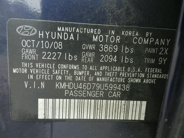 KMHDU46D79U599438 - 2009 HYUNDAI ELANTRA GL BLUE photo 10