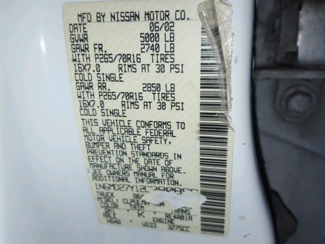 1N6MD27Y12C380896 - 2002 NISSAN FRONTIER C WHITE photo 10