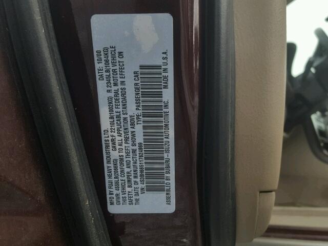 4S3BH665117624969 - 2001 SUBARU LEGACY OUT MAROON photo 10