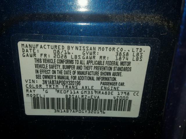 3N1AB7AP0GY320196 - 2016 NISSAN SENTRA S BLUE photo 10