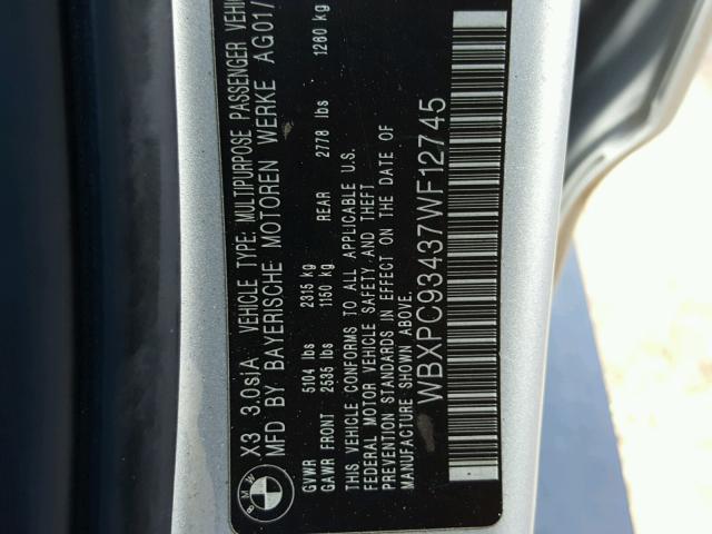 WBXPC93437WF12745 - 2007 BMW X3 3.0SI SILVER photo 10
