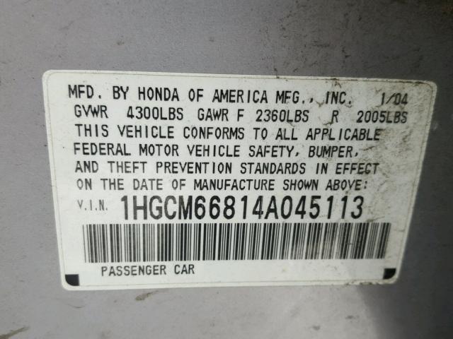 1HGCM66814A045113 - 2004 HONDA ACCORD EX SILVER photo 10