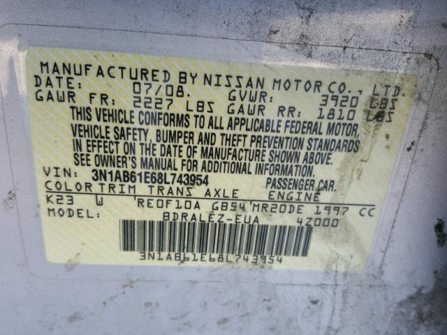 3N1AB61E68L743954 - 2008 NISSAN SENTRA 2.0 SILVER photo 10