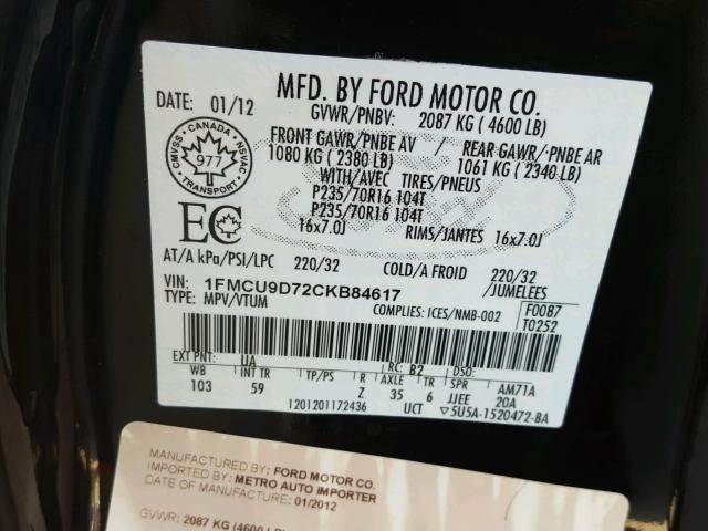 1FMCU9D72CKB84617 - 2012 FORD ESCAPE XLT BLACK photo 10