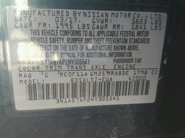 3N1AB7AP2HY305541 - 2017 NISSAN SENTRA S BLUE photo 10