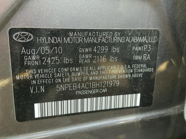 5NPEB4AC1BH121979 - 2011 HYUNDAI SONATA GLS GRAY photo 10