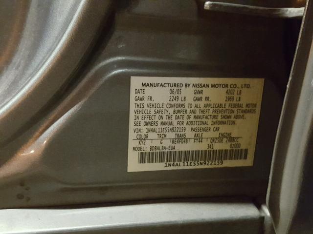 1N4AL11E55N922159 - 2005 NISSAN ALTIMA S SILVER photo 10