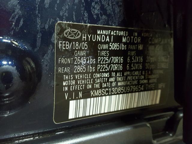 KM8SC13D85U979654 - 2005 HYUNDAI SANTA FE G BLACK photo 10