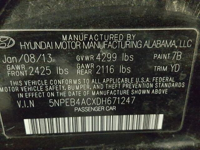 5NPEB4ACXDH671247 - 2013 HYUNDAI SONATA GLS BLACK photo 10