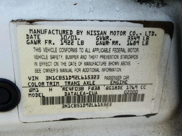 3N1CB51D92L615323 - 2002 NISSAN SENTRA XE WHITE photo 10