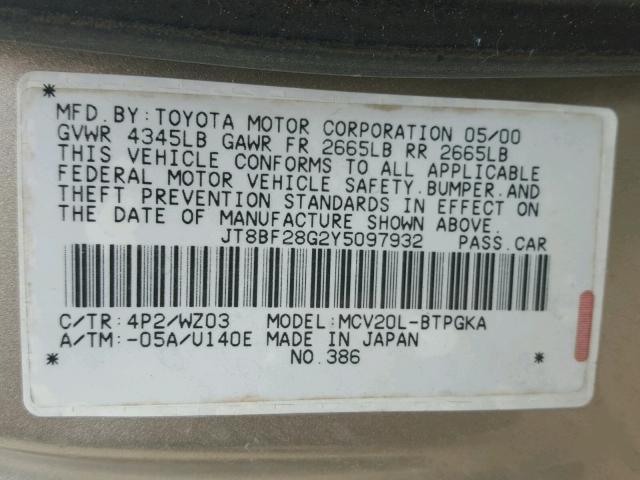 JT8BF28G2Y5097932 - 2000 LEXUS ES 300 BROWN photo 10