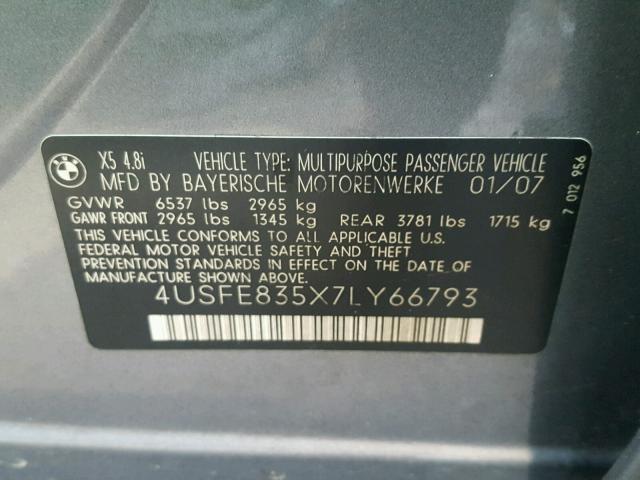 4USFE835X7LY66793 - 2007 BMW X5 4.8I SILVER photo 10