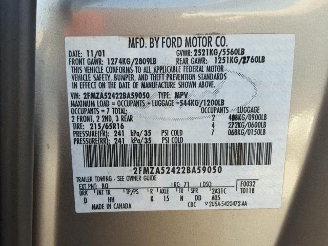 2FMZA52422BA59050 - 2002 FORD WINDSTAR S TAN photo 10