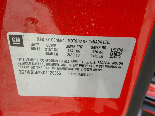 2G1WG5E38D1120055 - 2013 CHEVROLET IMPALA LT RED photo 10