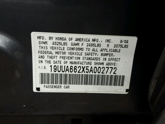 19UUA662X5A002772 - 2005 ACURA TL GRAY photo 10