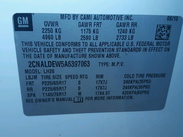 2CNALDEW5A6397063 - 2010 CHEVROLET EQUINOX LT WHITE photo 10