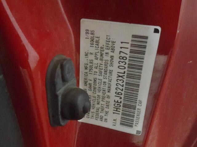 1HGEJ6223XL038711 - 1999 HONDA CIVIC DX RED photo 10