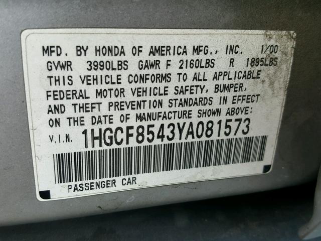 1HGCF8543YA081573 - 2000 HONDA ACCORD DX SILVER photo 10