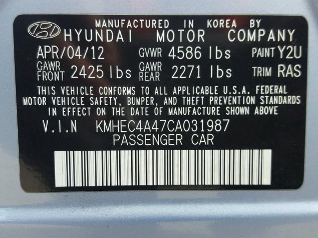 KMHEC4A47CA031987 - 2012 HYUNDAI SONATA HYB BLUE photo 10