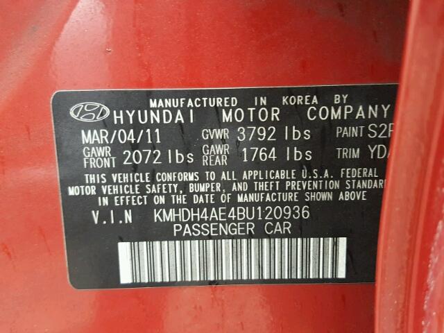 KMHDH4AE4BU120936 - 2011 HYUNDAI ELANTRA GL RED photo 10