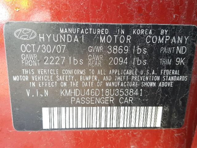 KMHDU46D18U353841 - 2008 HYUNDAI ELANTRA GL RED photo 10