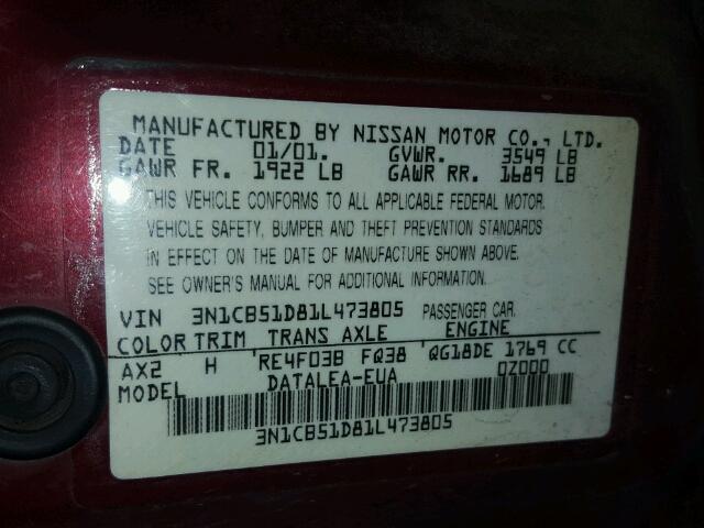 3N1CB51D81L473805 - 2001 NISSAN SENTRA XE MAROON photo 10