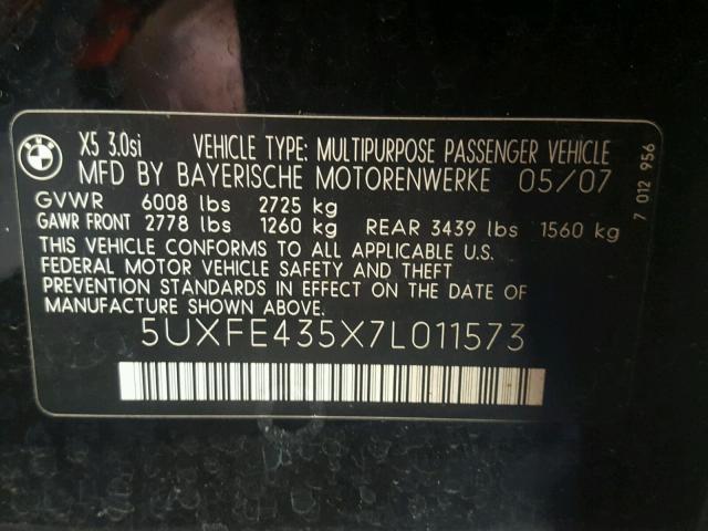 5UXFE435X7L011573 - 2007 BMW X5 3.0I BLACK photo 10