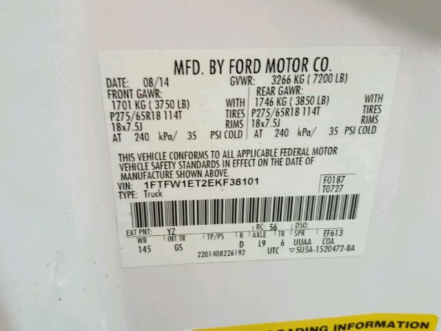 1FTFW1ET2EKF38101 - 2014 FORD F150 SUPER WHITE photo 10