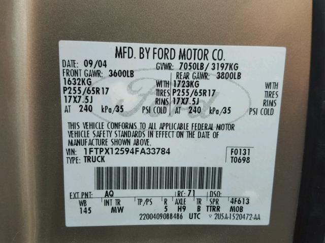 1FTPX12594FA33784 - 2004 FORD F150 TAN photo 10