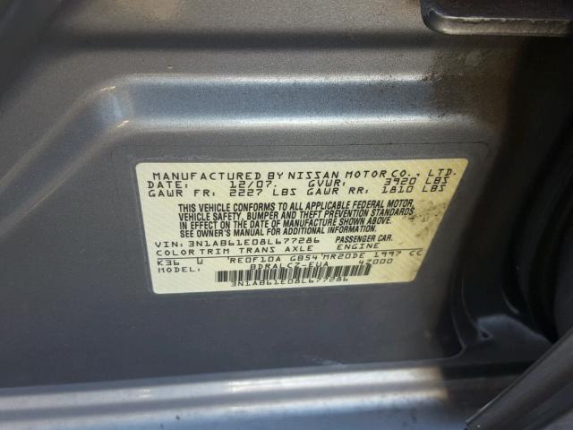 3N1AB61E08L677286 - 2008 NISSAN SENTRA 2.0 GRAY photo 10