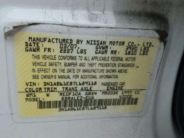 3N1AB61E87L689118 - 2007 NISSAN SENTRA 2.0 WHITE photo 10