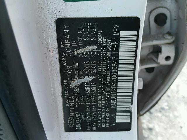 KM8JN12D47U639847 - 2007 HYUNDAI TUCSON SE WHITE photo 10