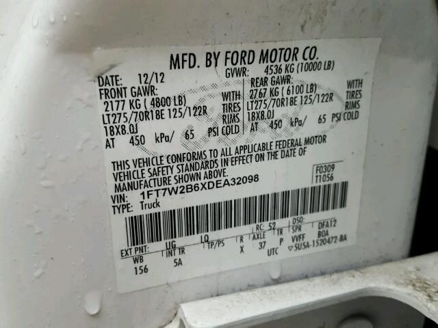 1FT7W2B6XDEA32098 - 2013 FORD F250 SUPER WHITE photo 10