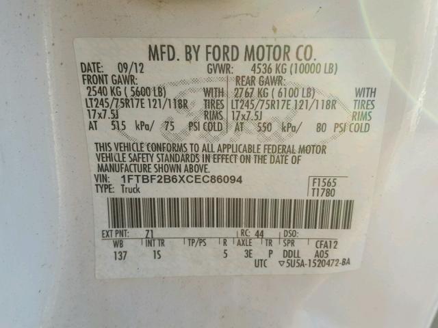 1FTBF2B6XCEC86094 - 2012 FORD F250 SUPER WHITE photo 10