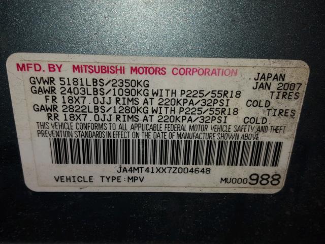 JA4MT41XX7Z004648 - 2007 MITSUBISHI OUTLANDER BLUE photo 10